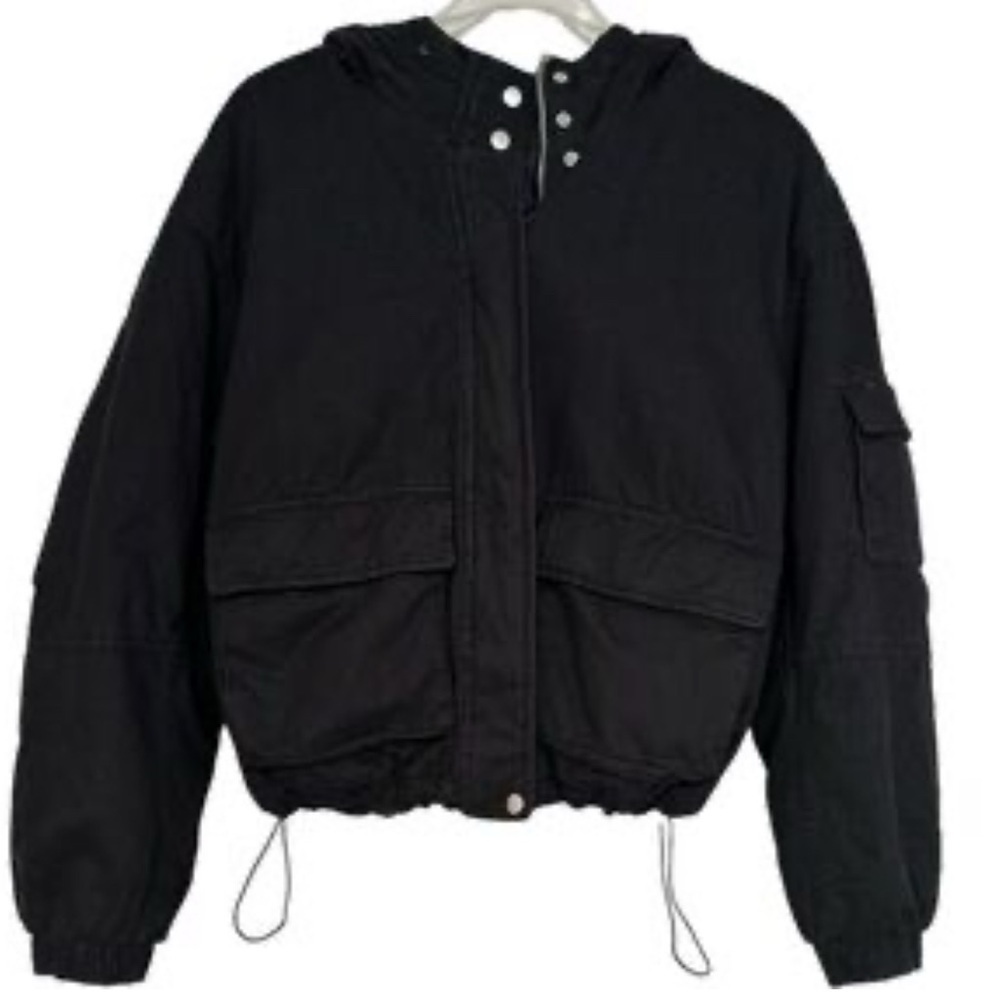 H&M Divided Black Cropped Bomber Jacket with Hood – Size Medium